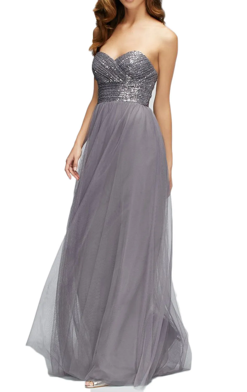 MACLoth Strapless Sweetheart Sequin Tulle Long Bridesmaid Dress Gray Formal Gown