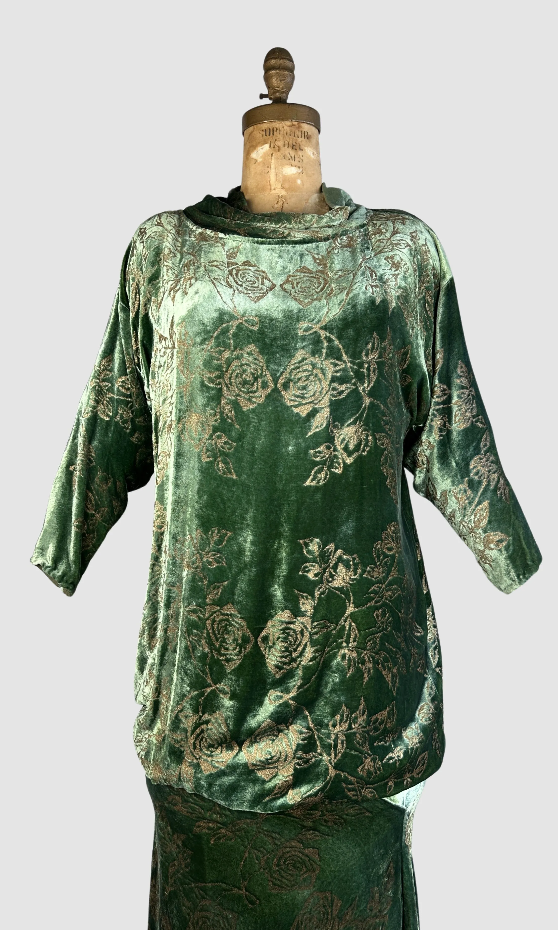 PATRICIA LESTER 80s Green Silk Velvet Bias Cut Dress • Medium